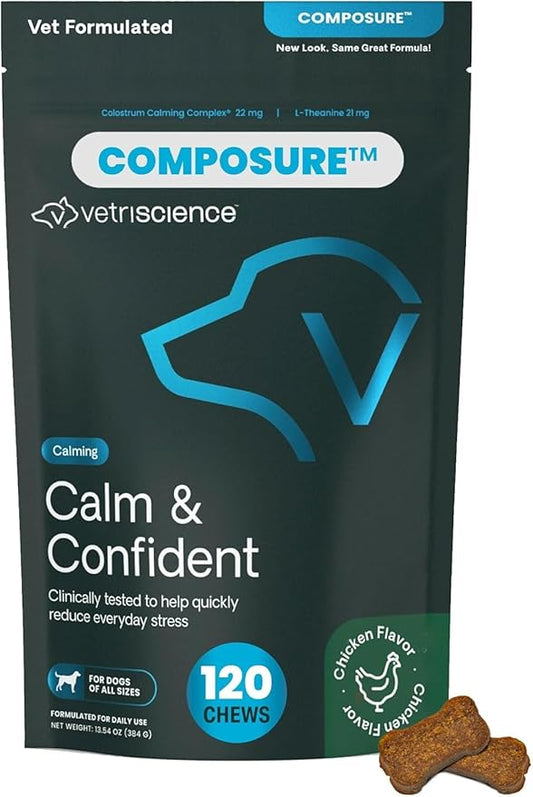 VetriScience Calm & Confident Chews, Composure Clinically Tested Calming and Anxiety Supplement for Dogs, Reduce Stress and Fear, Ideal for Thunderstorms, Fireworks and Travel, Chicken, 120 Count