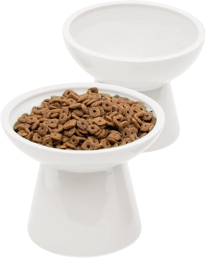 CEEFU 2 Elevated Ceramic Cat Bowls Extra Wide for Food & Water – Whisker Fatigue Shallow Food Dish, Lead & Cadmium-Free, Raised Height for Cats and Dogs, Two Different Depth Bowls, White