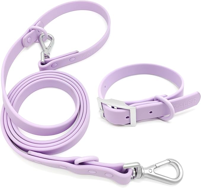 ZALER Dog Collar and Leash Set, Waterproof Adjustable Odor Proof Pet Collars Leashes Easy to Clean, 6FT Dog Leash with 2 Hooks for Large, Medium Small Dogs (S, Purple)