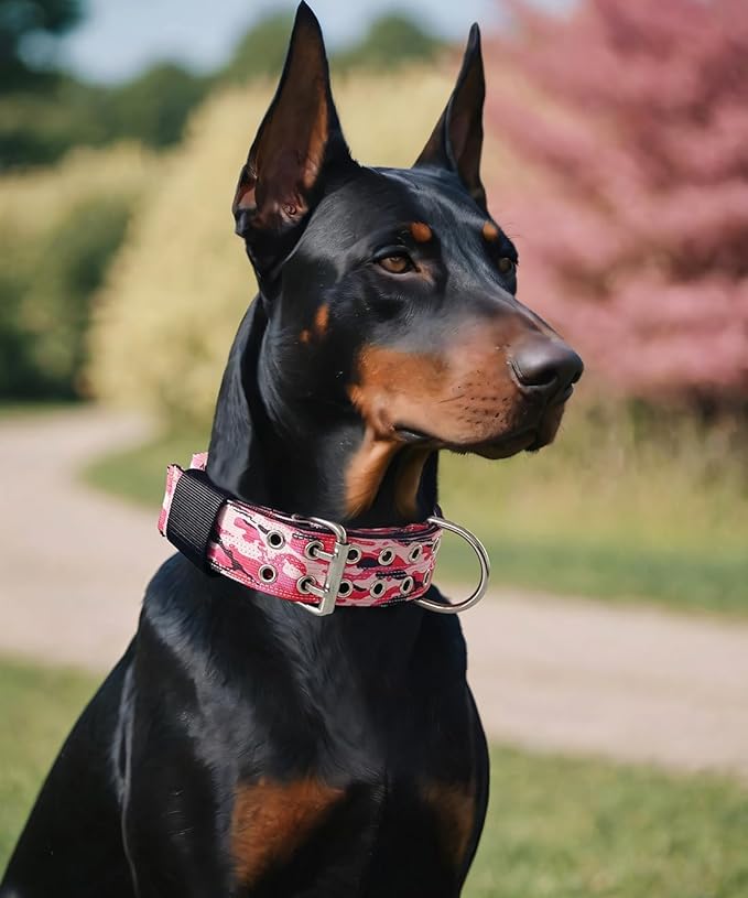 Dog Collar for Large Dogs - 2" Wide Tactical Collars with Handle for Extra Large Breed Dogs, Military Heavy Duty 1/3" Thick Nylon Pet Collar Camo Pink M
