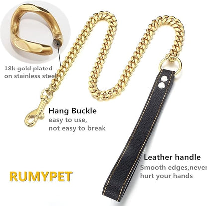 3FT/4FT/5FT Heavy Duty Gold Dog Chain Leash 14MM Stainless Steel Miami Cuban Link Chain with Durable Genuine Leather Handle for Training Walking(14mm,5ft)…