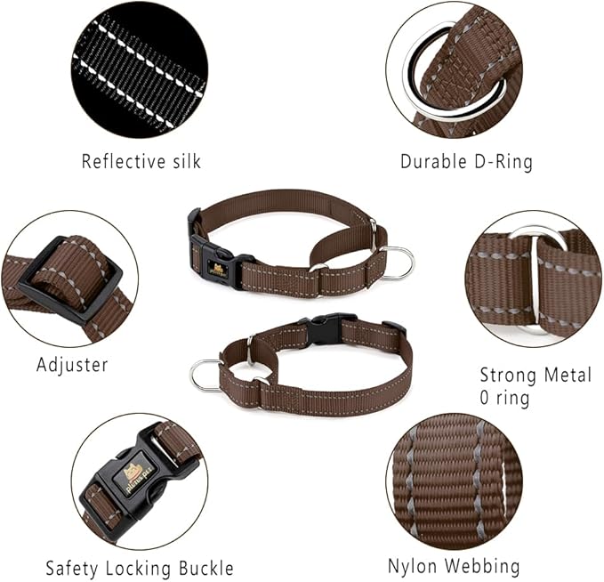 PLUTUS PET Reflective Martingale Collar with Quick Snap Buckle,No Pull Dog Choker Collar for Small Medium Large Dogs, S, Chocolate