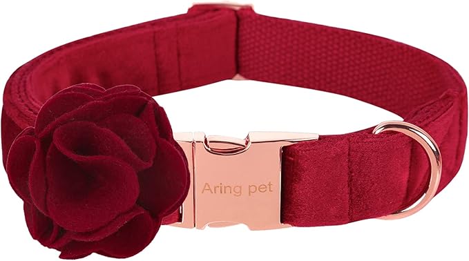 ARING PET Velvet Dog Collars, Christmas Red Soft Pet Collar with Detachable Felt Flower Metal Buckle for Puppy Small Medium Large Boy Girl Dogs-XS
