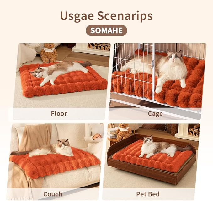 SOMAHE Self-Warming Cat Bed, Plush Faux Fur Pet Bed Mat with Anti-Slip Bottom, Ultra Soft Heated Bed for Cats & Medium Dogs, Cozy Fluffy Pad for Couch & Crate, Machine Washable, 27x20 Inch Orange