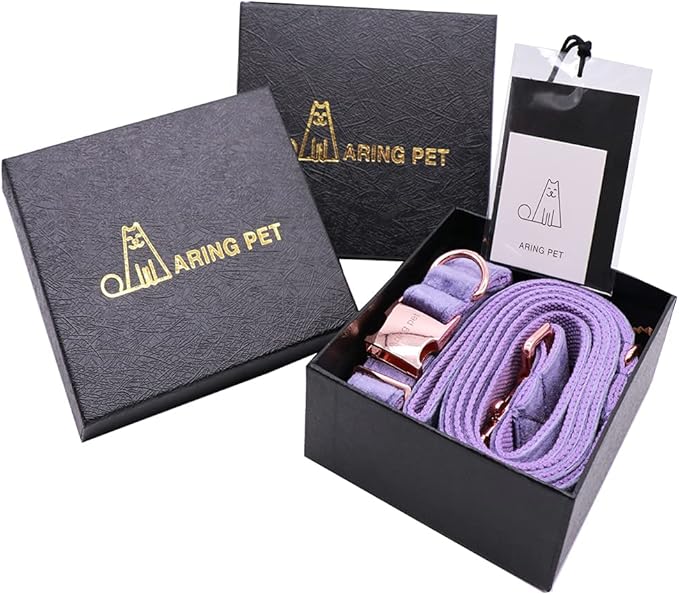 ARING PET Velvet Dog Collar and Leash Set, Soft Purple Dog Collar and Leash, Adjustable Collars for Dogs