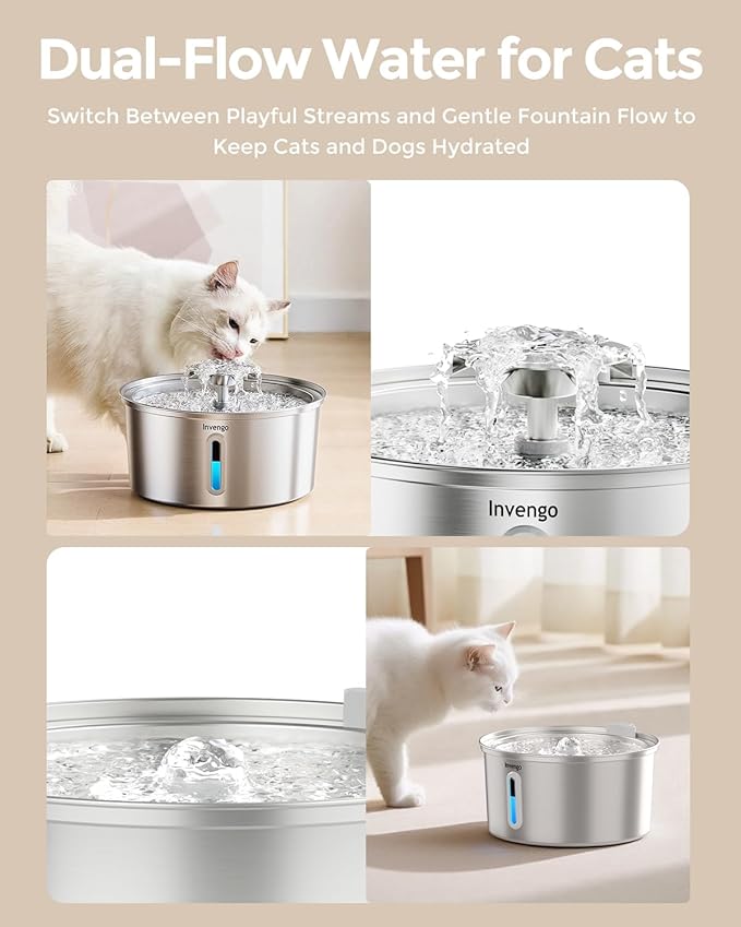 Cat Water Fountain Stainless Steel 3.2L/108oz, Invengo Automatic Pet Fountain for Cats & Dogs, Ultra Quiet <25 dB Pump, Includes 4 Replacement Filters & Sponges, LED Water Level Window, Easy to Clean