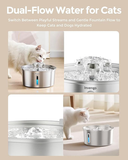 Cat Water Fountain Stainless Steel 3.2L/108oz, Invengo Automatic Pet Fountain for Cats & Dogs, Ultra Quiet <25 dB Pump, Includes 4 Replacement Filters & Sponges, LED Water Level Window, Easy to Clean