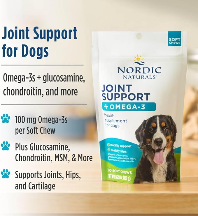 Nordic Naturals Pet Joint Support + Omega 3 Soft Chews for Dogs, Pork Bone Broth Flavored - Promotes Mobility, Hip and Joint Support with Omega-3 Fish Oil, MSM, EPA & DHA - 30 Non-GMO Chews