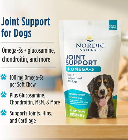 Nordic Naturals Pet Joint Support + Omega 3 Soft Chews for Dogs, Pork Bone Broth Flavored - Promotes Mobility, Hip and Joint Support with Omega-3 Fish Oil, MSM, EPA & DHA - 30 Non-GMO Chews