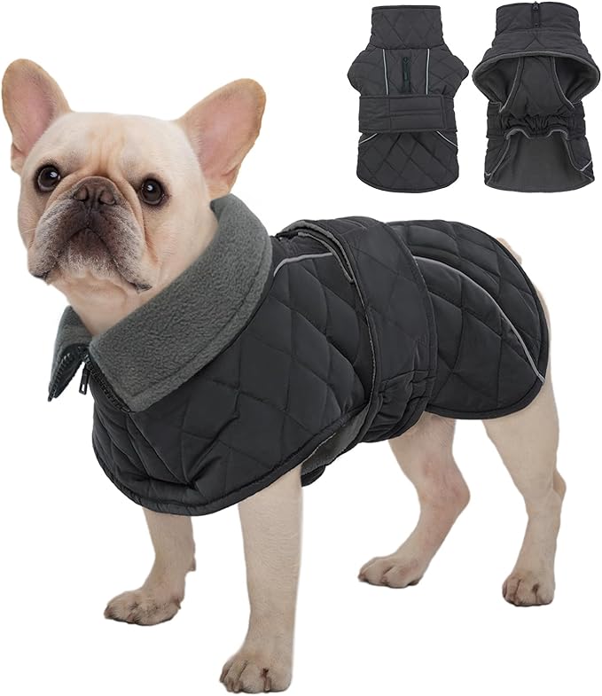 Kuoser Dog Jacket Warm Fleece Lined Dog Coats for Small Dogs, Waterproof Pet Coat Reflective Puppy Snowsuit with Harness Hole for Cold Weather Walking Hiking, Quilted Dogs Winter Vest, Grey, S