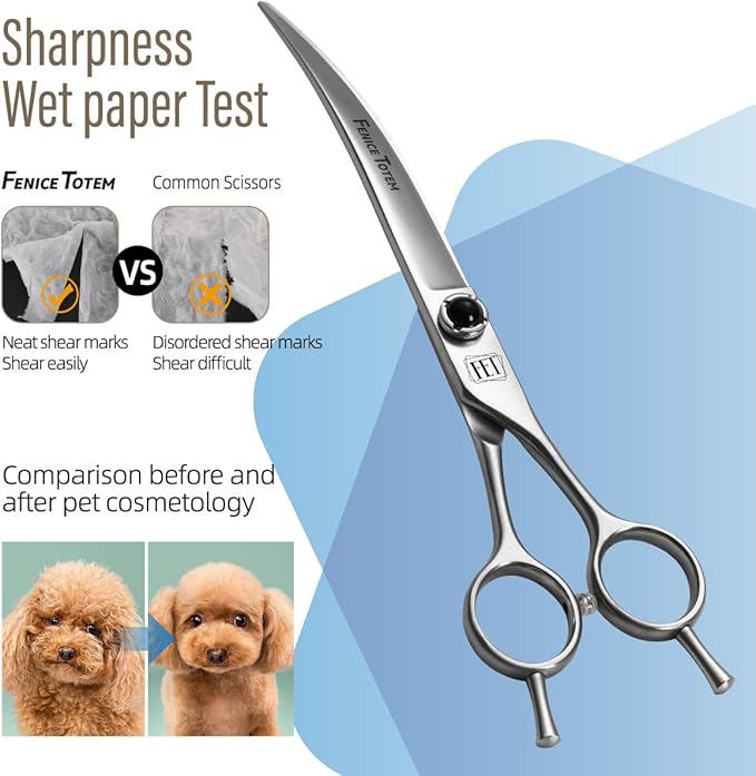 Fenice Totem Dog Grooming Scissors: 7.5 inch Pet Curved Shears Made Of Japanese 9CR Advanced Stainless Steel Professional Grooming Scissors for Dogs Cats and Other Pets