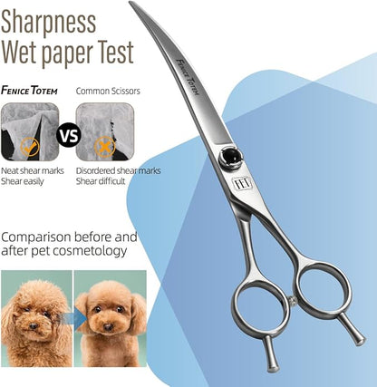 Fenice Totem Dog Grooming Scissors: 7.5 inch Pet Curved Shears Made Of Japanese 9CR Advanced Stainless Steel Professional Grooming Scissors for Dogs Cats and Other Pets