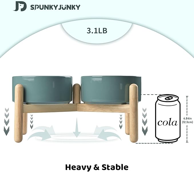SPUNKYJUNKY Ceramics Raised Dog Bowls with Wooden Stand - Elevated Dog Feeding Set (Double 28.7OZ, Dark Green)