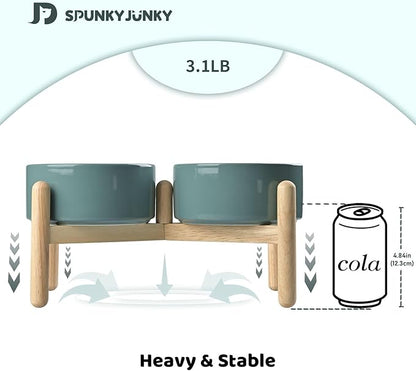 SPUNKYJUNKY Ceramics Raised Dog Bowls with Wooden Stand - Elevated Dog Feeding Set (Double 28.7OZ, Dark Green)