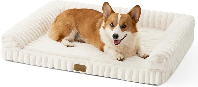 COZY KISS Cute Dog Bed for Medium Dogs, Faux Rabbit Fur Orthopedic Foam Dog Bed with Sides, Removable Washable Cover & Waterproof Lining, Comfortable Pet Couch, Cream (36" L x 27" W x 6.5" Th)