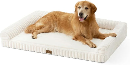COZY KISS Cute Dog Bed for Extra Large Dogs, Faux Rabbit Fur Orthopedic Foam Dog Bed with Sides, Removable Washable Cover & Waterproof Lining, Comfortable Pet Couch, Cream (48" L x 35" W x 7.5" Th)