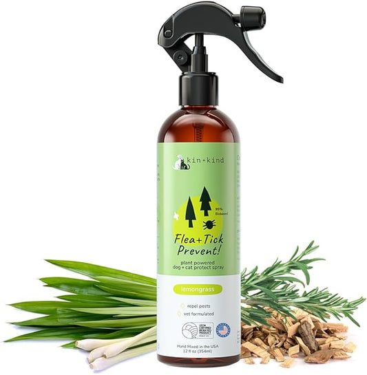 kin+kind Plant Based Flea and Tick Spray for Dogs and Cats – Essential Oil Formula with Lemongrass – Flea and Tick Prevention for Cats, Kittens, Puppies & Dogs - Pet Supplies - Family Safe – 12 fl oz