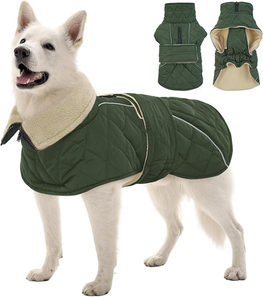 Kuoser Dog Coat, Super-Warm Dog Jacket Windproof Pet Cold Weather Coats for Extra Large Dogs, Fleece Lining Quilted Turtleneck Puppy Snowsuit Reflective Adjustable Doggie Winter Clothes, Green, 2XL