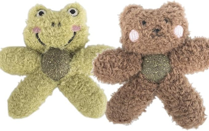 Gavpepy Cat Toys with Catnip Kitten Chew Bite Supplies Boredom Relief Fluffy Kitty Teeth Cleaning Chewing Cat Lovers Interactive Plush Gift (Frog&Bear)