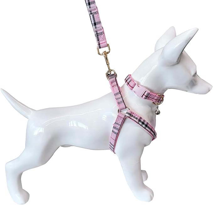 NISIYE Cute Plaid Dog Collar Harness and Leash with Safety Buckle - Adjustable and No Pull Comfortable Dog Collars for Small Puppy, Stylish Durable Gift for Boy Girl Pets