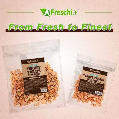 A Freschi srl Natural Turkey Treats, Hexagonal Shape, USA-Sourced Trukey, All-Natural, Hypoallergenic, Low-Fat, Healthy & Easily Digestible, Puppy & Training Snack & Small Dogs, Star Bites 6 oz