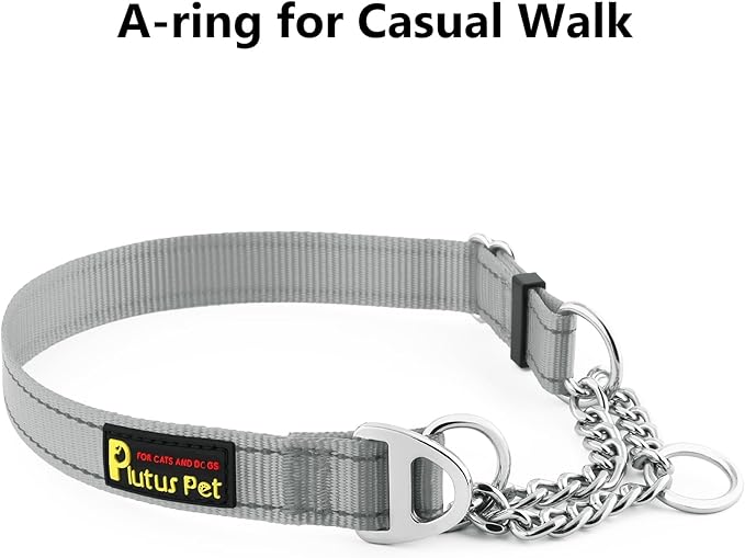Plutus Pet Martingale Dog Collar with Stainless Steel Chain and Reflective Nylon, Adjustable No Pull Training Collar, for Small Medium, and Large Dogs, Gray, M