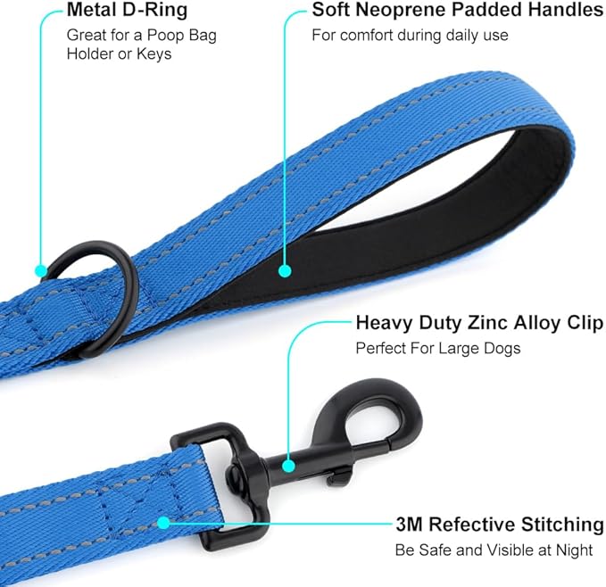 Heavy Duty Double Handle Dog Leash 6 ft Long for Total Control, Padded 2 Handle, Reflective Training Lead for Medium Large Dogs (Navy Blue, 6 FT)