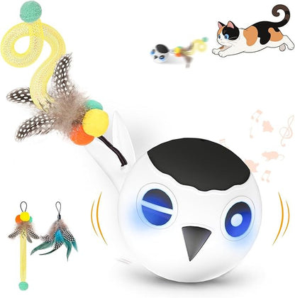 KiwiLove Cat Toys, Interactive Kitten Toys Indoor Cats, USB Rechargeable Electronic Smart Exercise Toy, Motion Activated Fast Moving Chirping Stimulating Light, 2 Feather Tails (White)