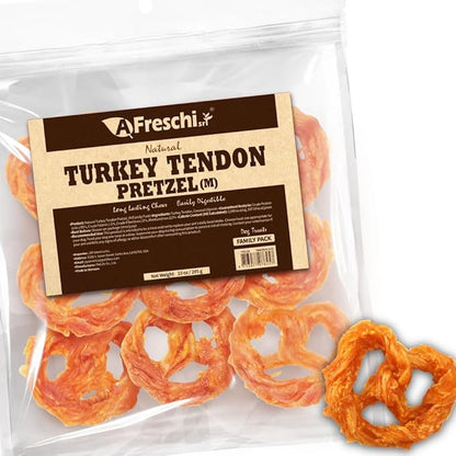 A Freschi srl Turkey Tendons for Dogs, USA-Sourced, Healthy Dog Treats, Rawhide-Free Puppy Chews, Long Lasting, All Natural, Hypoallergenic Dog Treats for Medium Breeds, 10 oz Pack Pretzel (M)