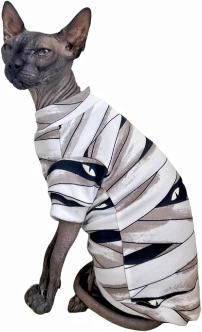 Limited Edition Sphynx Cat T-Shirts Elastic Hairless Cat Sweatshirt Pet Kitten Clothes Round Collar Kitten Shirts Vest Cats & Small Dogs Apparel (Mummy, XL (10-12 lbs))