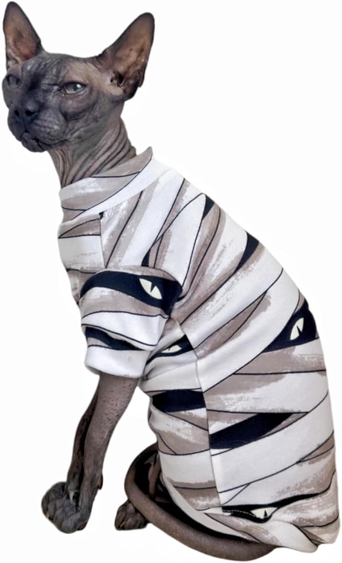 Limited Edition Sphynx Cat T-Shirts Elastic Hairless Cat Sweatshirt Pet Kitten Clothes Round Collar Kitten Shirts Vest Cats & Small Dogs Apparel (Mummy, L (7.7-9.9 lbs))