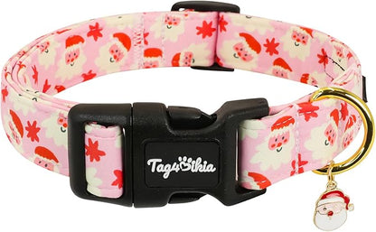 Christmas Dog Collar Large Dog Collars, Adjustable Pink Dog Collars with Jolly Santa Pattern, Cute Dog Christmas Collar for Dogs, Winter Holiday Dog Collar for Girl Boy Dogs-L