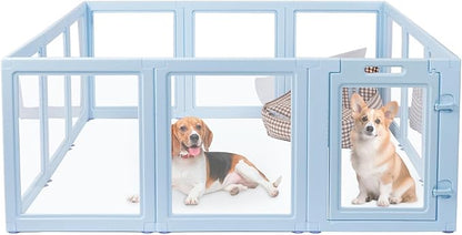 LoveTail DIY Clear Acrylic Dog Playpen House,Quick Easy Assembly and Disassembly,Strong Floor Suction,Indoor and Outdoor Use,Easy Cleansing Puppy Fence (Sky Blue, 23.6" H, 12PCS)