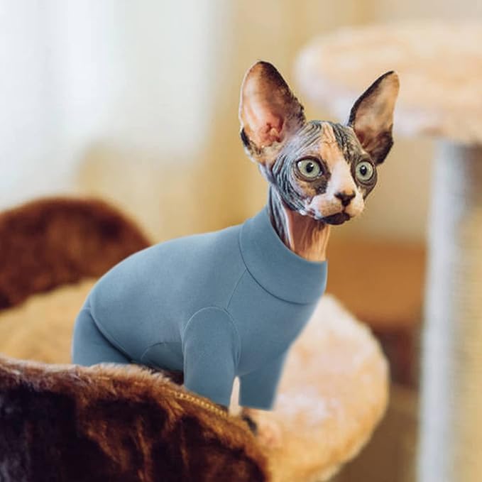 ROZKITCH Hairless Cat Jumpsuit, Breathable Soft Jumpers for Sphynx Only, Coat with Four Legs, Warm Sweater T-Shirt Pajamas Jumpsuit Vest Cornish Rex, Devon Rex, Peterbald Blue M