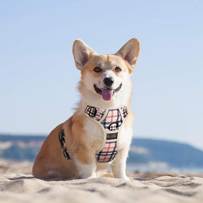 PoyPet Plaid Dog Harness, No Pull Front Clip Pet Vest Harness, Soft Padded Reflective Adjustable Walking Harness with Handle for Medium Dogs(Checkered Beige,M)