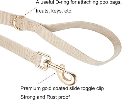 Ewinoom Soft Corduroy Dog Collar and Leash Set Adjustable Durable Wedding Dog Collars with Metal Buckle and Lead for Large Dogs,Beige
