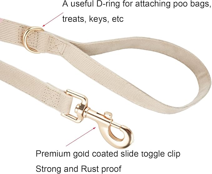 Ewinoom Soft Corduroy Dog Collar and Leash Set Adjustable Durable Wedding Dog Collars with Metal Buckle and Lead for Medium Dogs,Beige