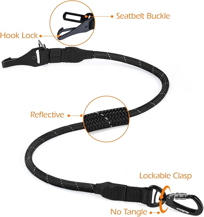 PetBonus Dog Seat Belt for Car, Durable Rope Dog Car Harness Seatbelt for Vehicle, Pet Tether Safety Restraint with Heavy Duty Buckle Hook Latch Lockable Clip for Small Medium Large Breeds (Black)