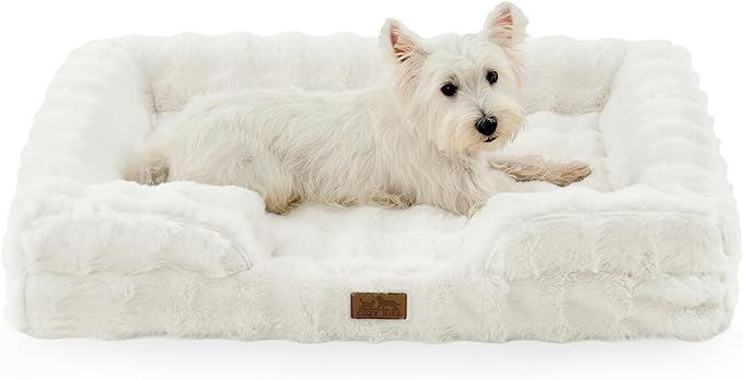 COZY KISS Orthopedic Dog Bed for Large Medium Size Dog, Soft and Warm Faux Fur Sofa for Pet Up to 75 lbs, Foam Bolster Anti-Slip Couch with Washable Removable Cover, L 36x27x6.5 inch, Beige