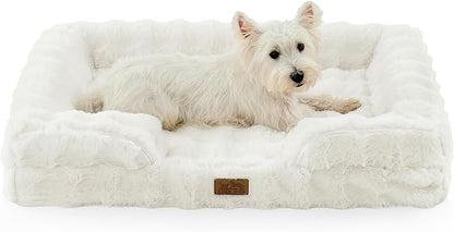 COZY KISS Orthopedic Dog Bed for Large Medium Size Dog, Soft and Warm Faux Fur Sofa for Pet Up to 75 lbs, Foam Bolster Anti-Slip Couch with Washable Removable Cover, L 36x27x6.5 inch, Beige