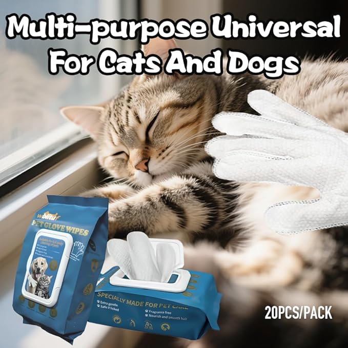 WBLITUF Pet CleaningGlove Wipes for Dogs & Cats, No-Rinse Grooming Wipes, Hypoallergenic Deodorizing Disposable Bathing Wipes,Extra Thick,Perfect for Pet Dry Cleaning,Daily Care and Travel,20 pcs