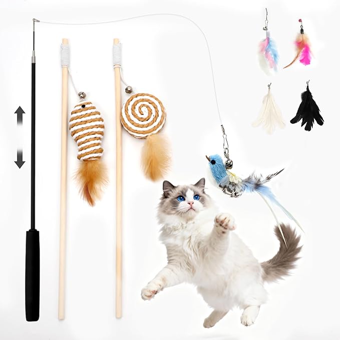 Goosheep 8 Pack Cat Wand Toy Cats Toy (2 Solid Wood Teases+1 Extendable Teaser Wand with 5 Replacement Heads