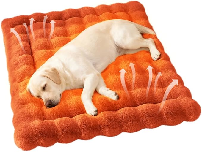 SOMAHE Self-Warming Dog Bed, Plush Faux Fur Mat with Anti-Slip Bottom, Ultra Soft Heated Pet Bed for Medium Large Dogs, Cozy Fluffy Pad for Carriers Couch Crate, Machine Washable, 35 x 27 Inch Orange