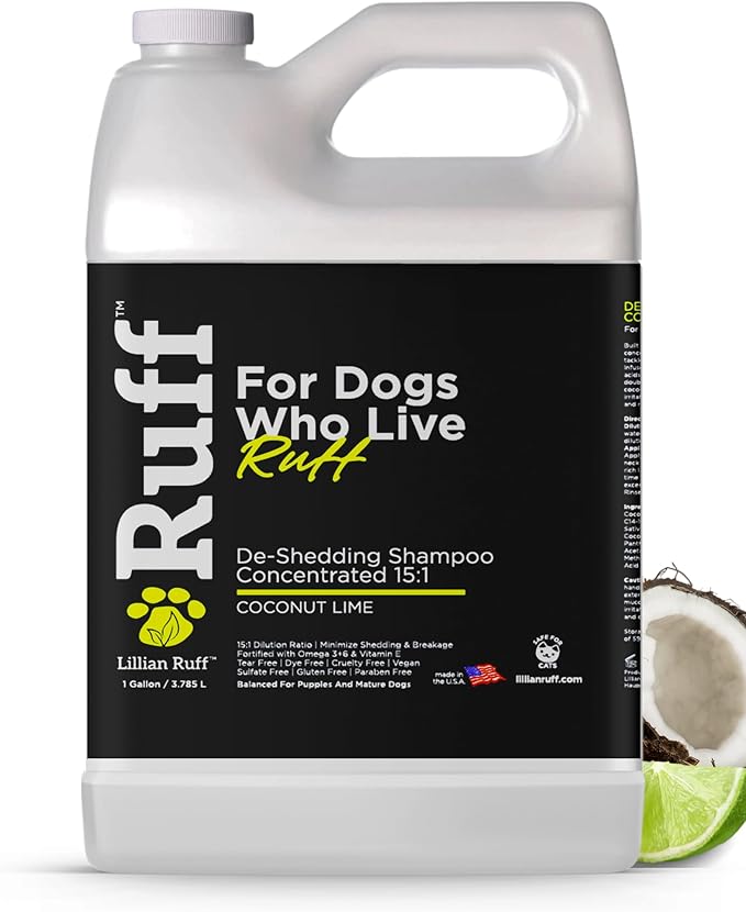 Ruff by Lillian Ruff 15:1 Concentrated Deshedding Dog Shampoo –Professional Extra-Strength Shedding & Odor Control – Aloe, Coconut Oil & Vitamin E – Puppy Safe, USA Made - Coconut Lime – Gallon