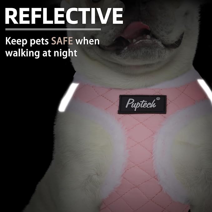 PUPTECK Plush Dog Harness and Leash Set for Small Medium Dogs No Pull Step-in Soft Mesh Puppy Cat Winter Vest Harnesses Reflective at Night Warm, Plush Pink, M