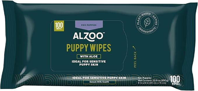 ALZOO Grooming Wipes for Puppies, 100% Plant-Based Active Ingredients, 100 Count