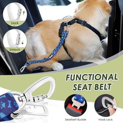 SlowTon Dog Seatbelt, 2 Pack Dog Seat Belt Car Leash Adjustable Elastic Bungee Buffer Heavy Duty Nylon Reflective Pet Safety Tether Connect to Dog Harness for Travel Riding in Vehicle (Daul Clip, BL)
