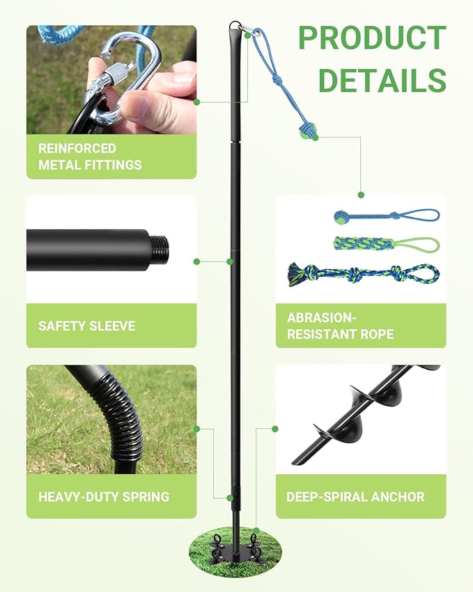 Tether Tug Outdoor Dog Toy, 31"-78" Tug of War Dog Toy with Safety Pole Cover, 3 Replaceable Ropes & Spiral Ground Anchor - 4 Durable Spring Pole Interactive Pull Toy for Large Medium Small Dog