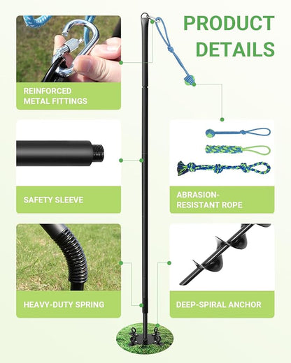 Tether Tug Outdoor Dog Toy, 31"-78" Tug of War Dog Toy with Safety Pole Cover, 3 Replaceable Ropes & Spiral Ground Anchor - 4 Durable Spring Pole Interactive Pull Toy for Large Medium Small Dog