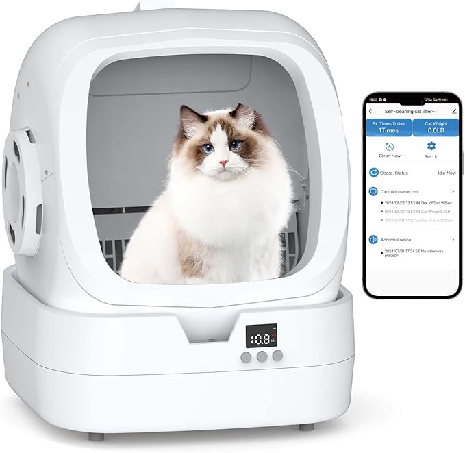Mintakawa Automatic Cat Litter Box Self Cleaning - APP Control and Weight Monitoring - Ultra-Quiet, Suitable for Medium Cats and Kittens, Safe Anti-Pinch Litter Box (Assembly Required) -White